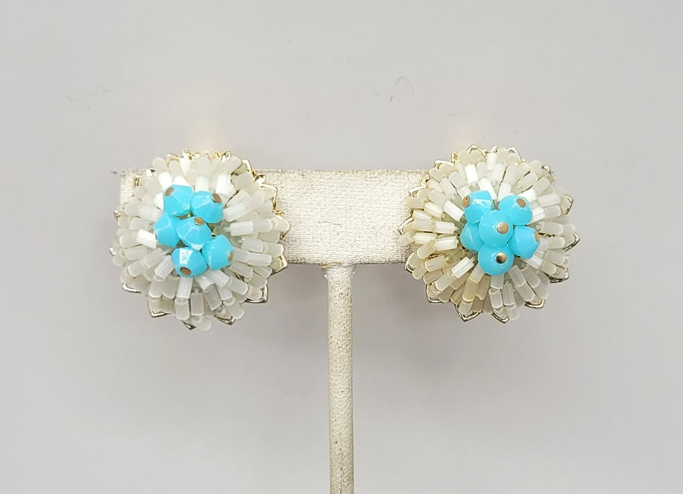 Thumbnail: Vintage 1960s Signed Vendome White & Turquoise Beaded Clip Earrings