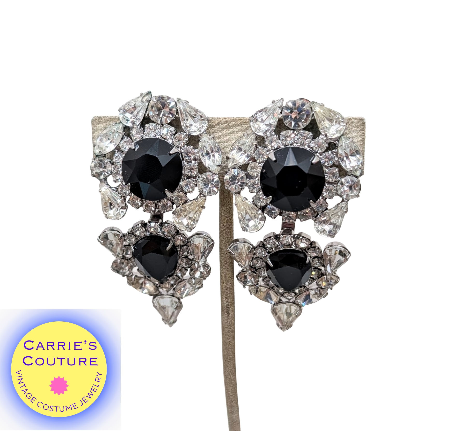 Vintage Signed Marie Ferre Rhodium Plated Faux-Onyx Chandelier Clip Earrings