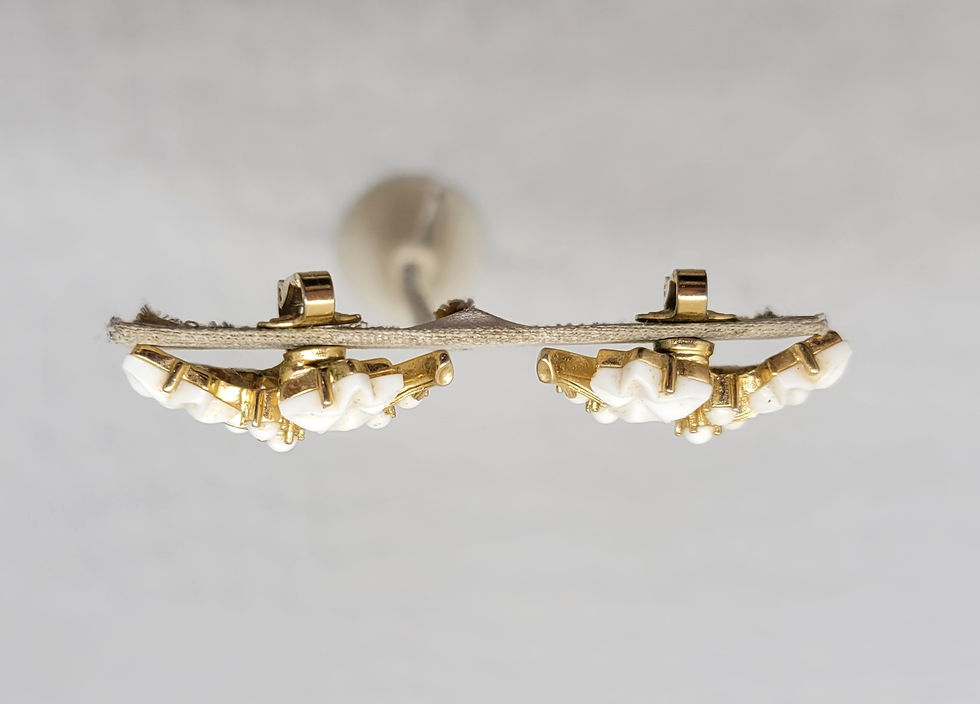 Thumbnail: Vintage Signed Trifari White Molded Thermoset Leaves Clip Earrings