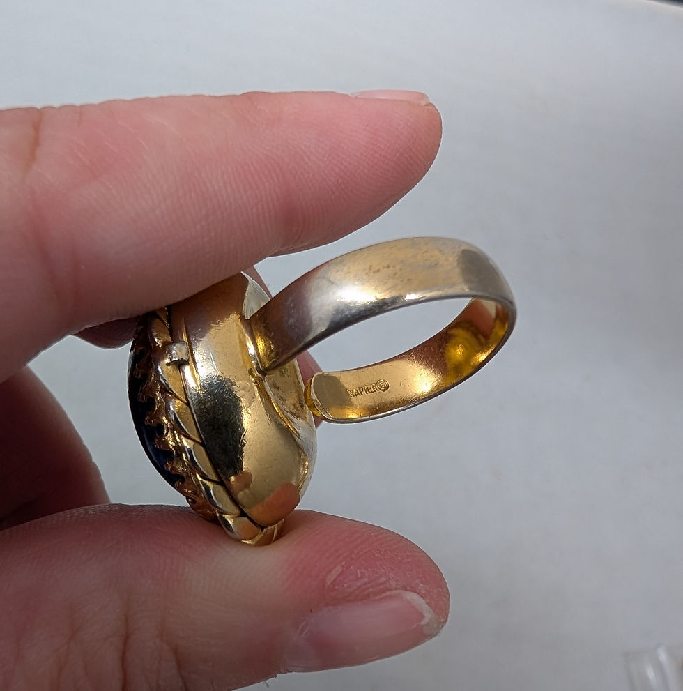 Thumbnail: Vintage 1968 Signed Napier Goldtone Cabochon Faux-Lapis "Poison" Adjustable Ring