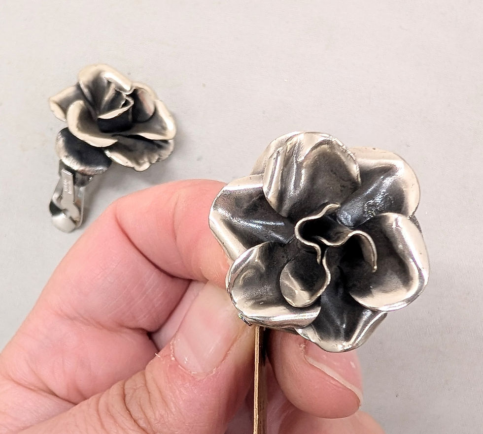 Thumbnail: Vintage 1960s Signed Napier Silvertone 3d Rose Clip Earrings