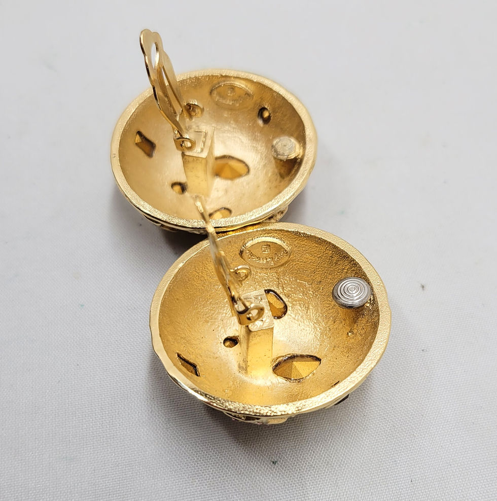 Thumbnail: Vintage 1980s Signed Guy Laroche Paris Goldtone Round Rhinestone Clip Earrings