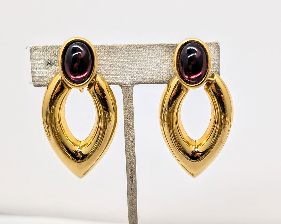 Thumbnail: Vintage 1988 Signed Napier Goldtone Cabochon Faux-Amethyst Drop Clip Earrings