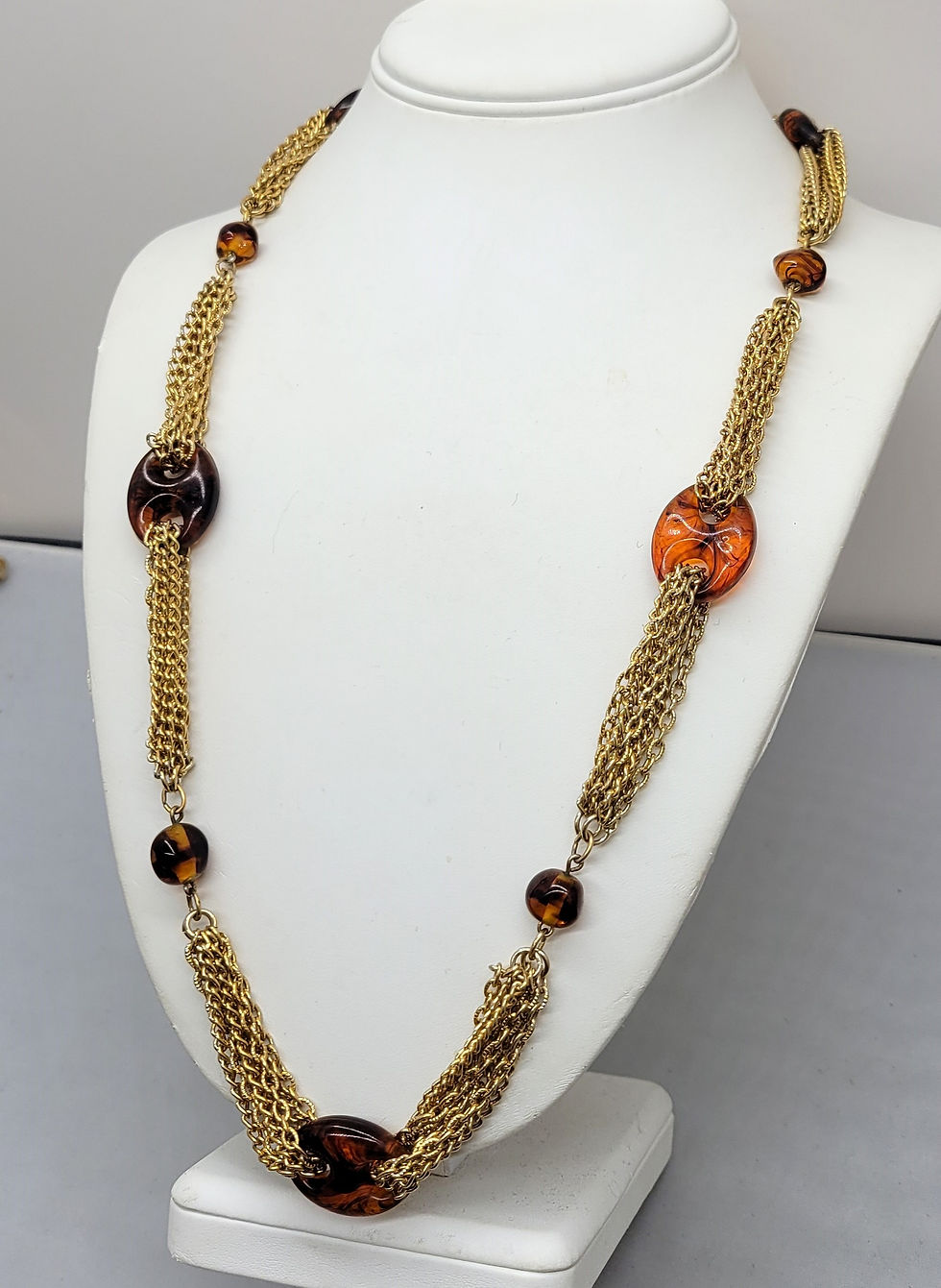 Thumbnail: Vintage 1974 Signed Napier Goldtone Multichain Faux-Tortoise Necklace