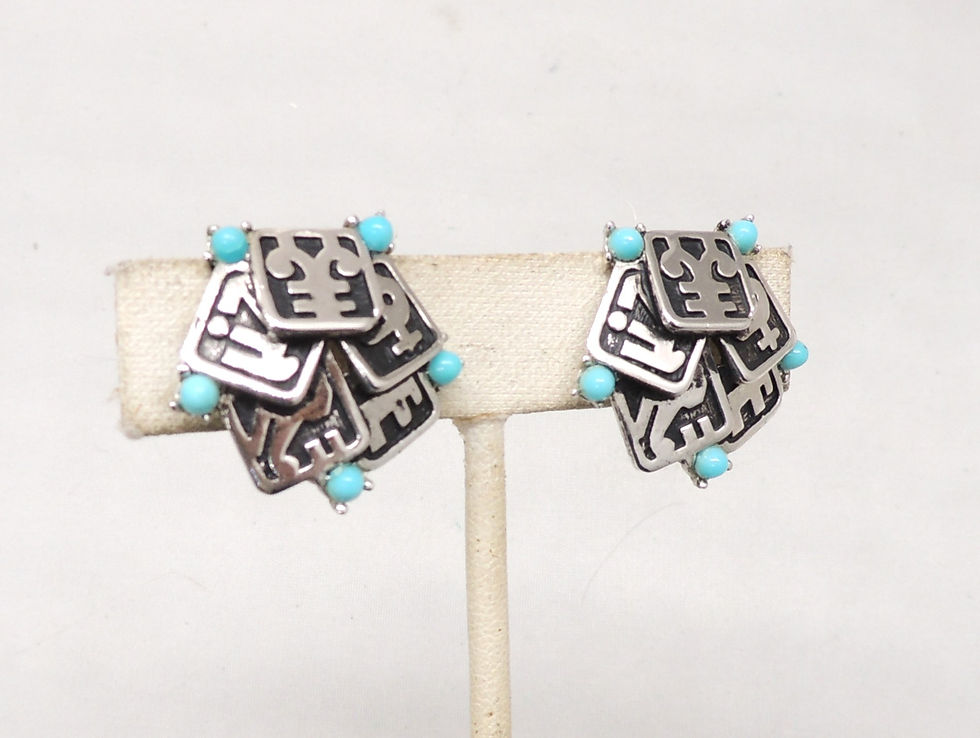 Thumbnail: Vintage Signed Boucher Asian Character Cabochon Faux-Turquoise Clip Earrings