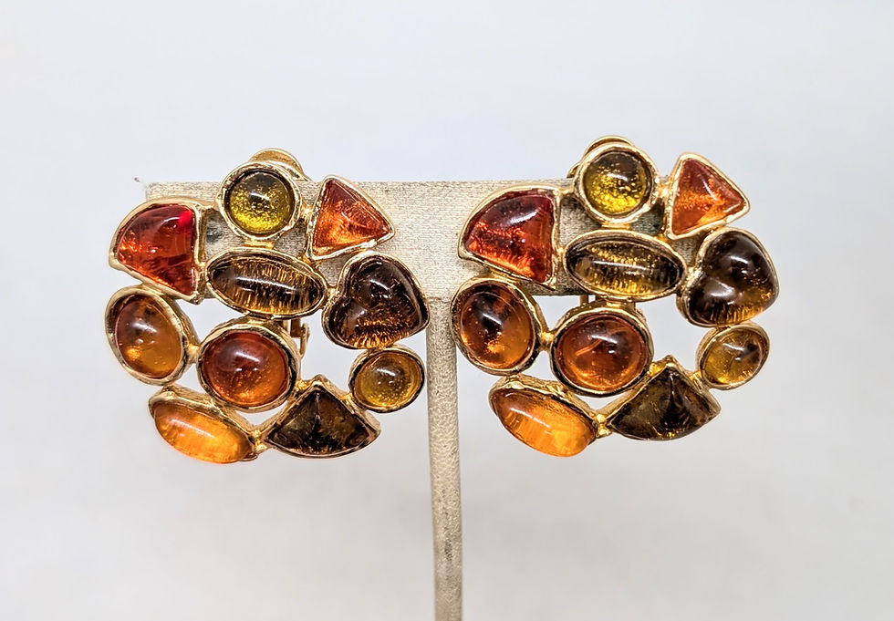 Thumbnail: Vintage 1980s Signed Les Bernard Rhinestone Cabochon Clip Earrings