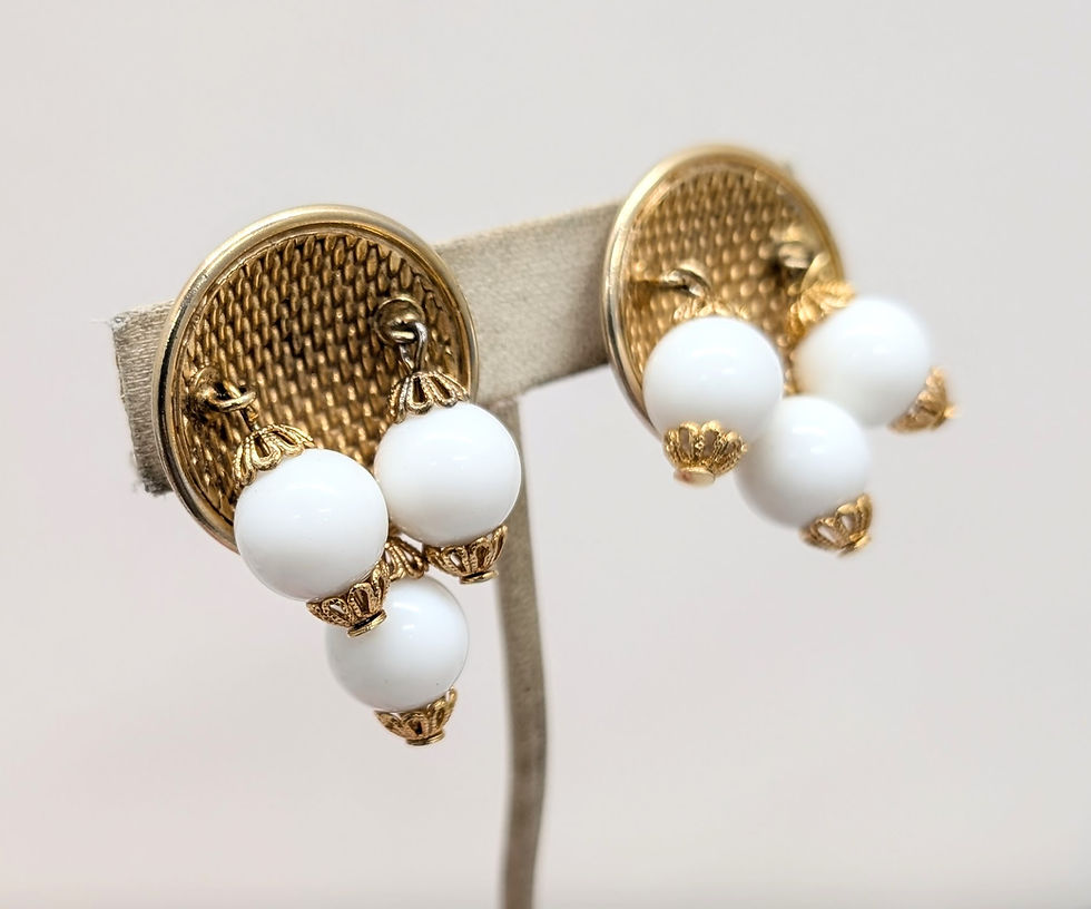 Thumbnail: Vintage 1950s Signed Hattie Carnegie Goldtone White Resin Drop Clip Earrings