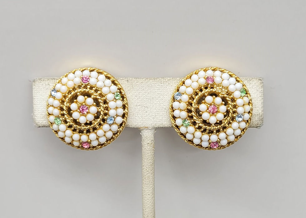 Thumbnail: Vintage 1960s Signed Kramer Round White & Pastel Rhinestone Clip Earrings