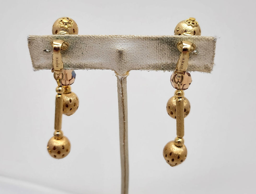 Thumbnail: Vintage 1950s Signed Napier Goldtone Faux-Topaz Beaded Clip Earrings