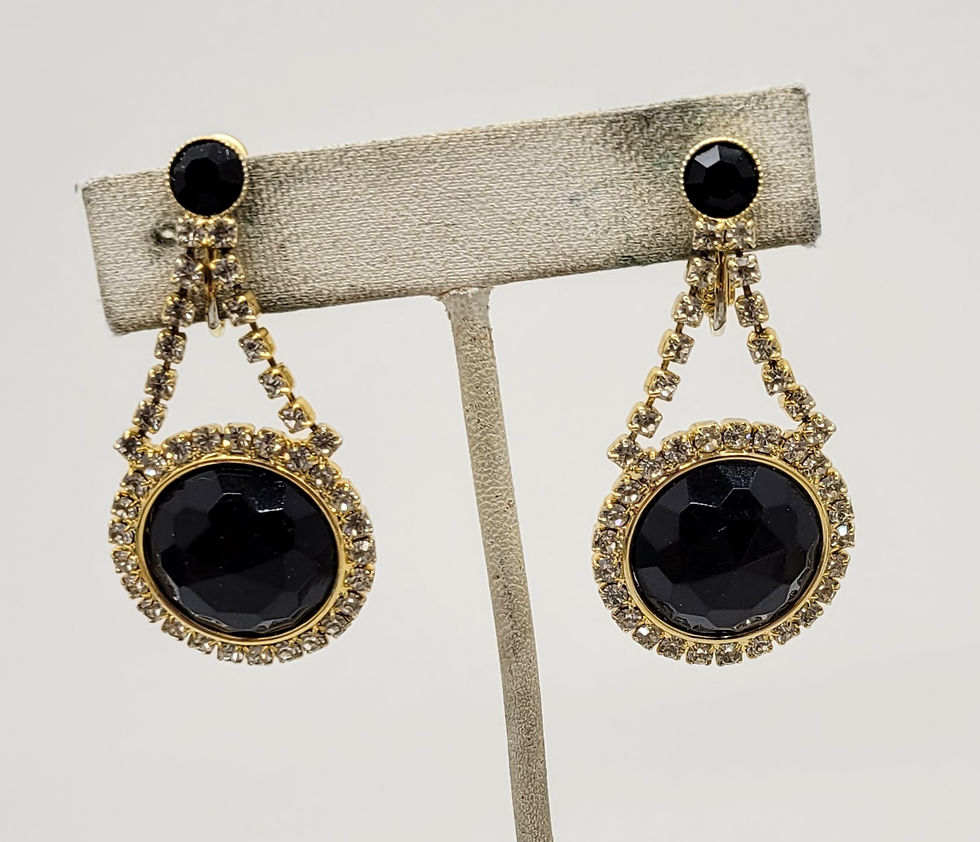 Thumbnail: Vintage 1960s Signed Hobé Faux-Onyx & Clear Rhinestone Pendant Clip Earrings