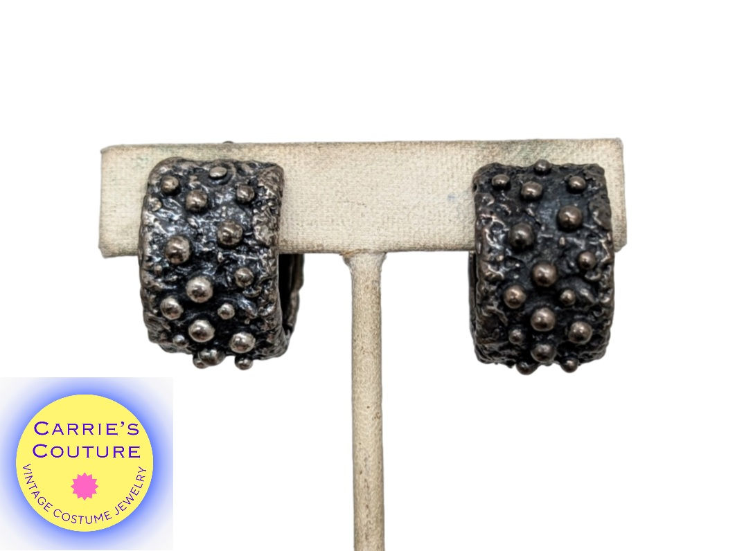 Vintage 1970s Signed Napier Brutalist Silvertone Hoop Clip Earrings