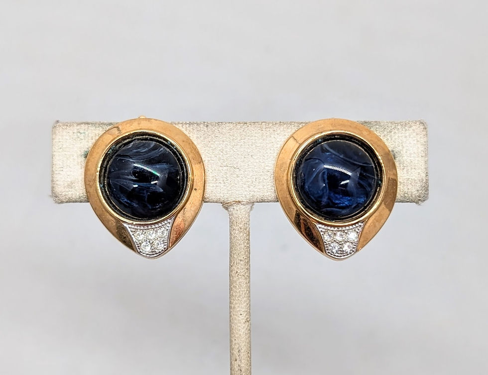 Thumbnail: Vintage Signed Lanvin Faux-Flawed Sapphire & Pavé Clear Rhinestone Clip Earrings
