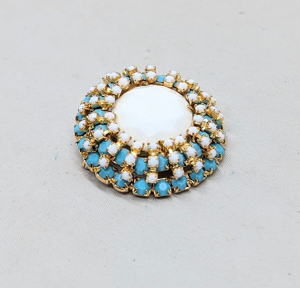 Thumbnail: Vintage 1960s Signed Castlecliff Round White & Faux-Turquoise Rhinestone Brooch