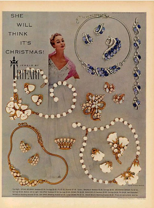 Thumbnail: Vintage Signed Crown Trifari Goldtone Faux-Amethyst Clip Earrings, 1953 Ad Piece