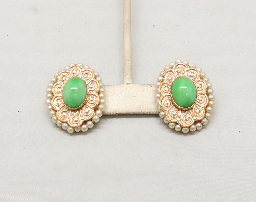 Thumbnail: Vintage Signed Napier Oval Goldtone Cabochon Faux-Jade Faux-Pearl Clip Earrings
