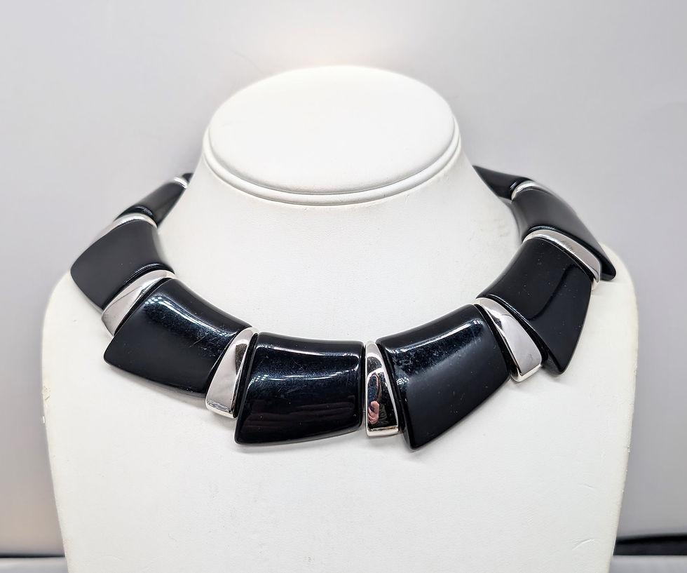 Thumbnail: Vintage 1988 Signed Napier Rhodium Plated Black Wedge Collar Necklace