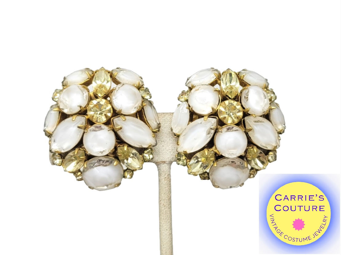 Vintage Signed Hattie Carnegie White Cuba Stones & Faux-Citrine Clip Earrings