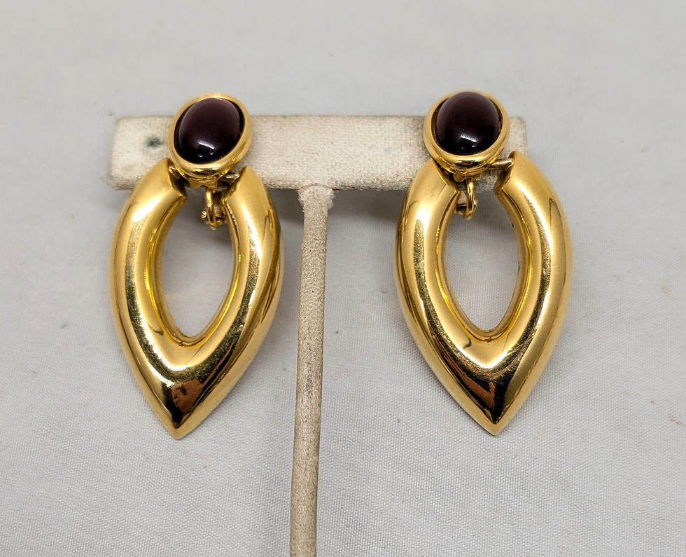 Thumbnail: Vintage 1988 Signed Napier Goldtone Cabochon Faux-Amethyst Drop Clip Earrings