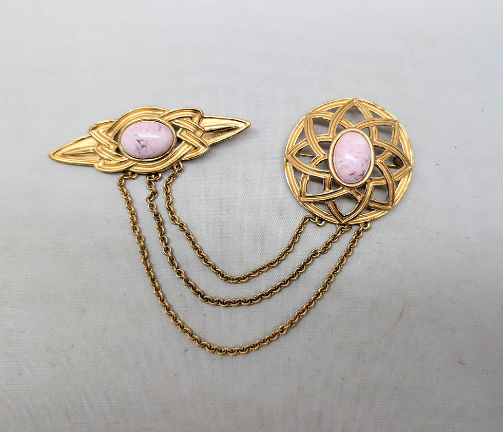 Thumbnail: Vintage 1980s Signed Monet Goldtone Pink Cabochon Chatelaine Brooch