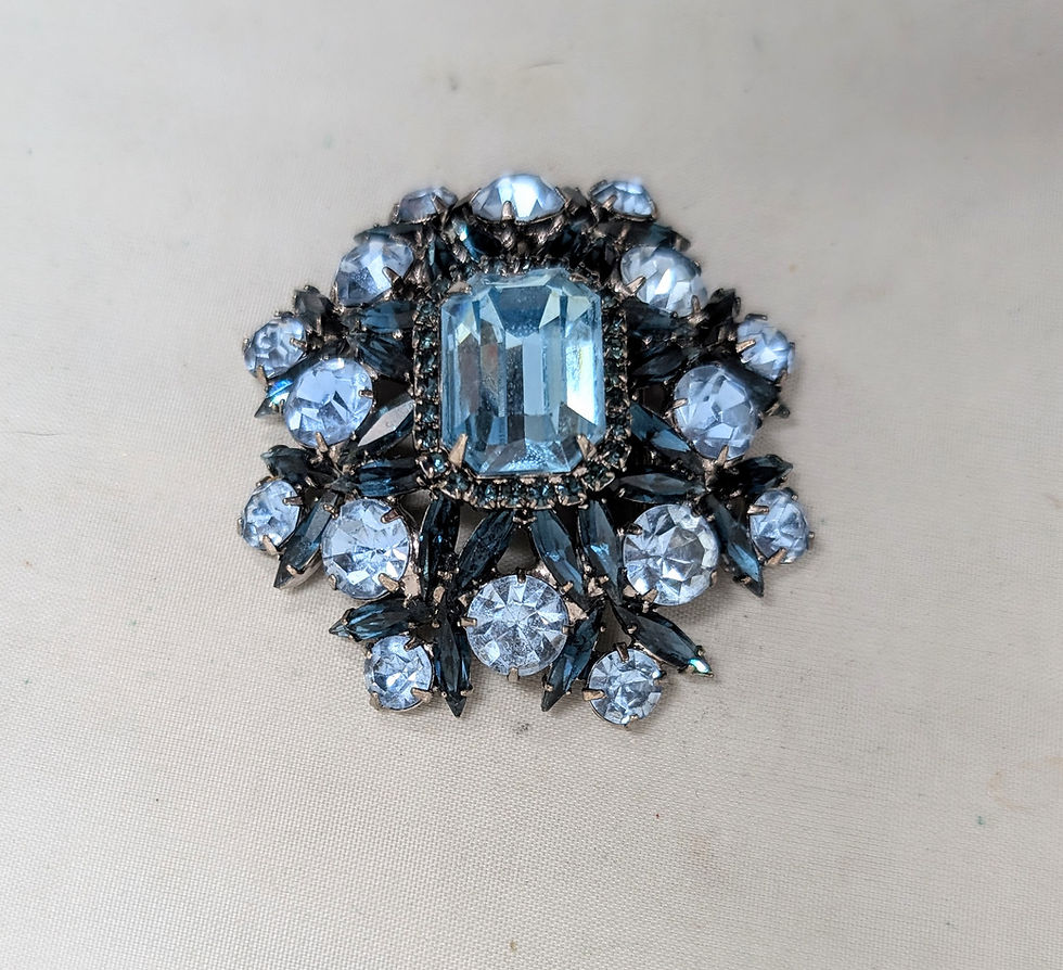 Thumbnail: Vintage Signed Marie Ferra Rhodium Plated Faux-Aquamarine & Sapphire Brooch