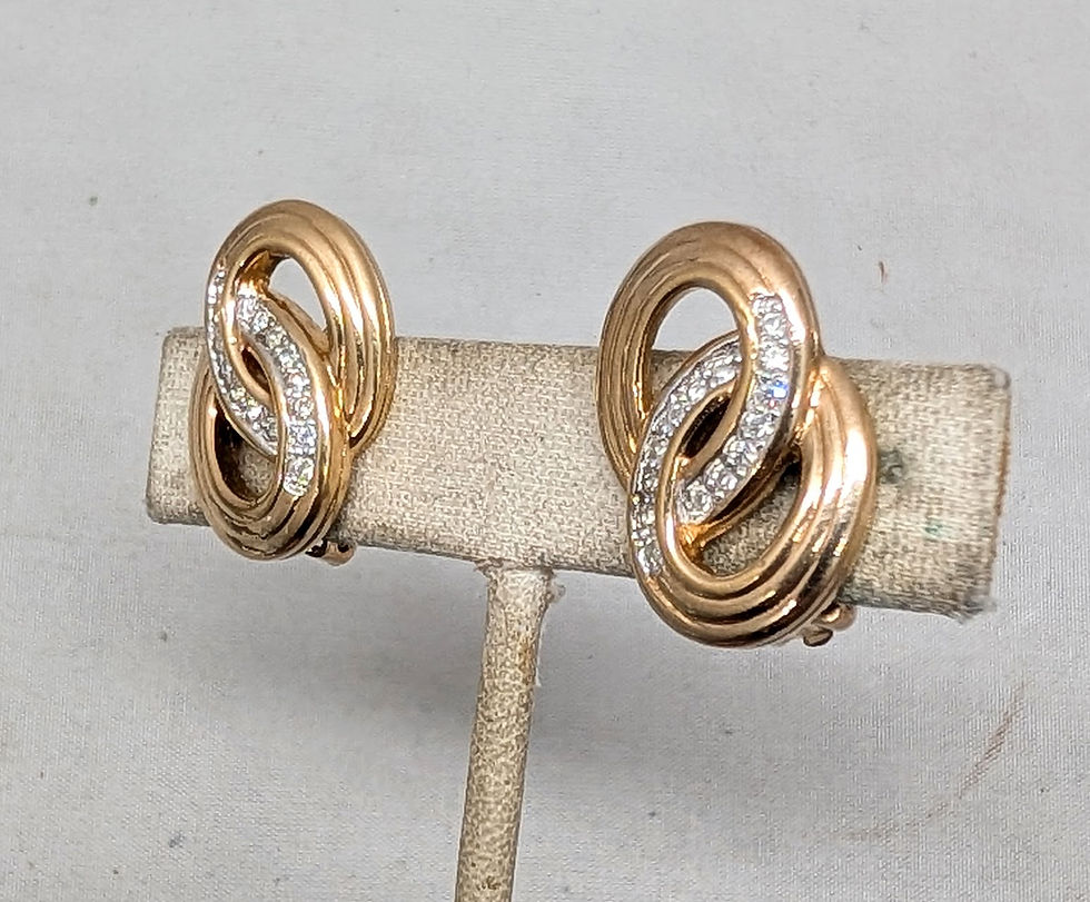 Thumbnail: Vintage 1980s Signed Panetta Goldtone Clear Rhinestone Figure-8 Clip Earrings