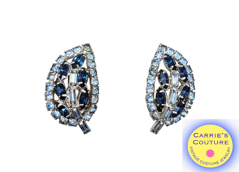 Vintage 1950s Signed Kramer Faux-Aquamarine & Faux-Sapphire Leaf Clip Earrings
