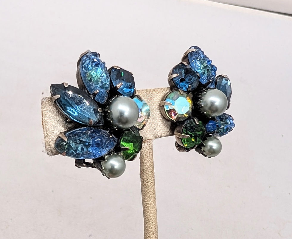 Thumbnail: Vintage Signed Kramer Blue & Green Rhinestone & Grey Faux-Pearl Clip Earrings