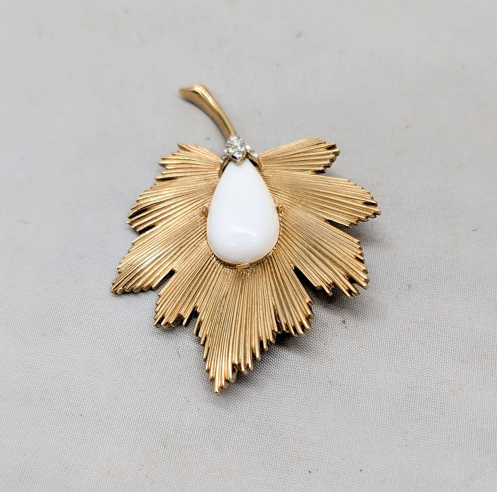 Thumbnail: Vintage 1960s Signed Crown Trifari White Rhinestone Leaf Brooch