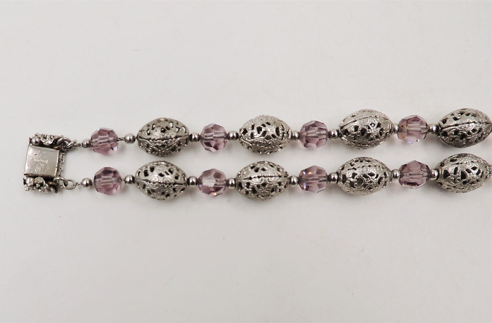 Thumbnail: 1950s Napier Silvertone & Faux-Amethyst Beaded Bracelet
