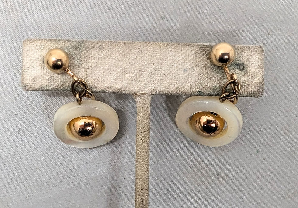 Thumbnail: Vintage Signed Napier Goldtone Mother of Pearl Disc Drop Clip Earrings