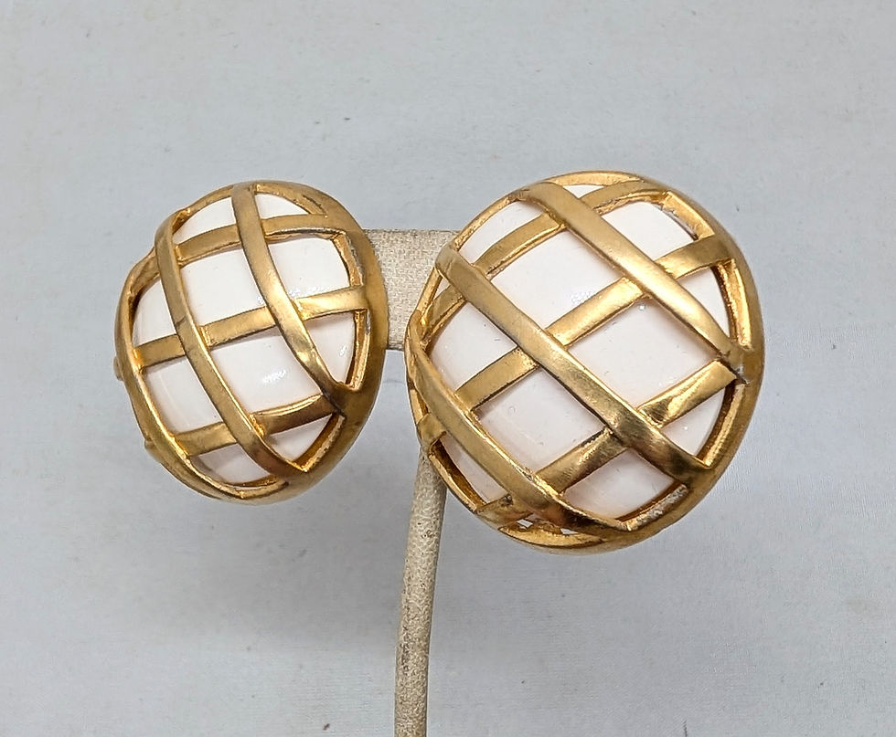 Thumbnail: Vintage Signed Ugo Correani Italy Round Domed White Cabochon Caged Clip Earrings