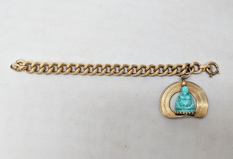 Thumbnail: Vintage 1950s Signed Napier Goldtone Carved Faux-Jade Buddha Charm Bracelet