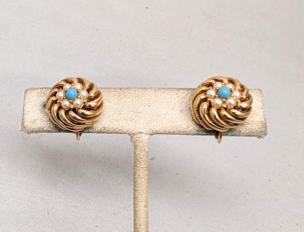 Thumbnail: Vintage 1960s Signed Boucher Round Goldtone Faux-Pearl & Turquoise Clip Earrings