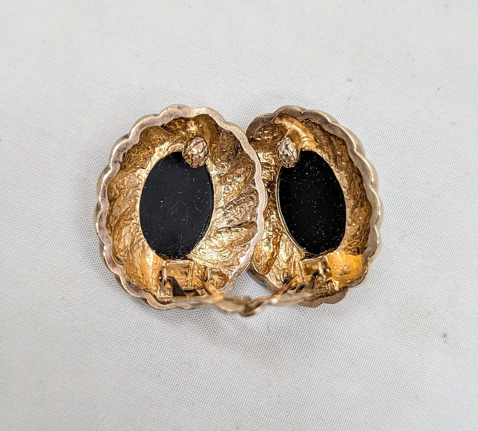 Thumbnail: Vintage 1980s Signed Panetta Oval Goldtone Cabochon Faux-Onyx Clip Earrings