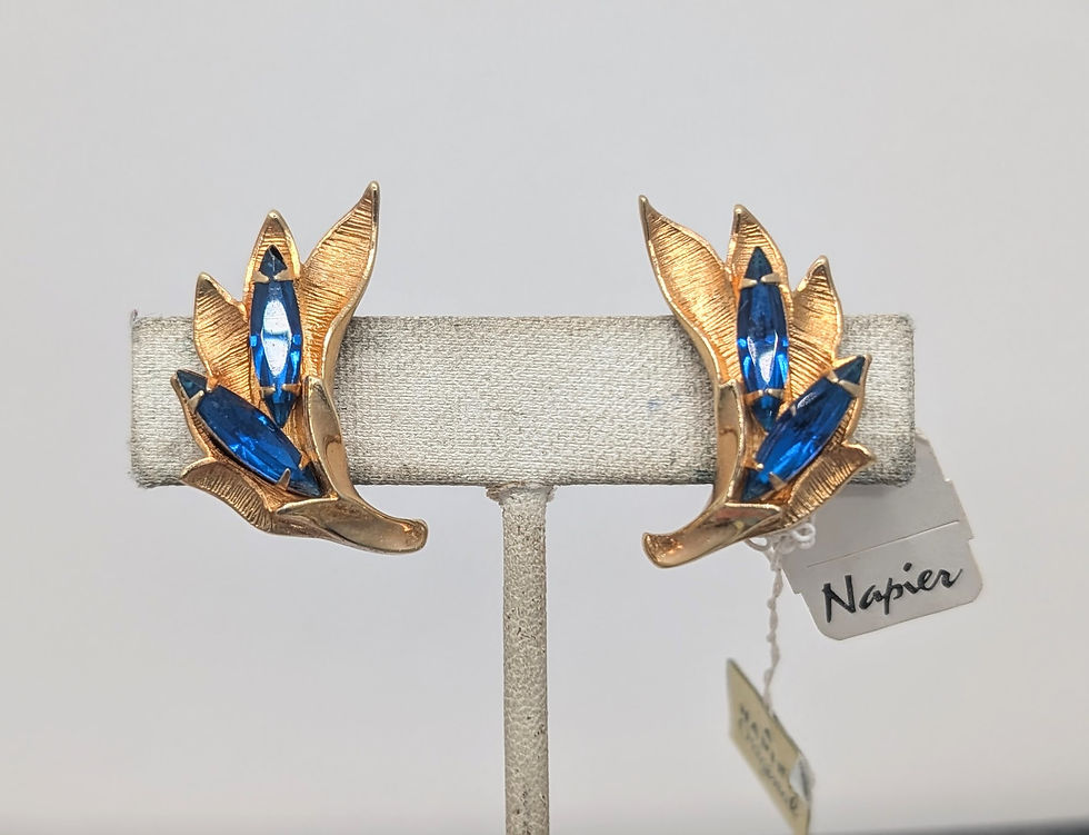 Thumbnail: Vintage 1960s Signed Napier Goldtone Marquise Faux-Sapphire Clip Earrings