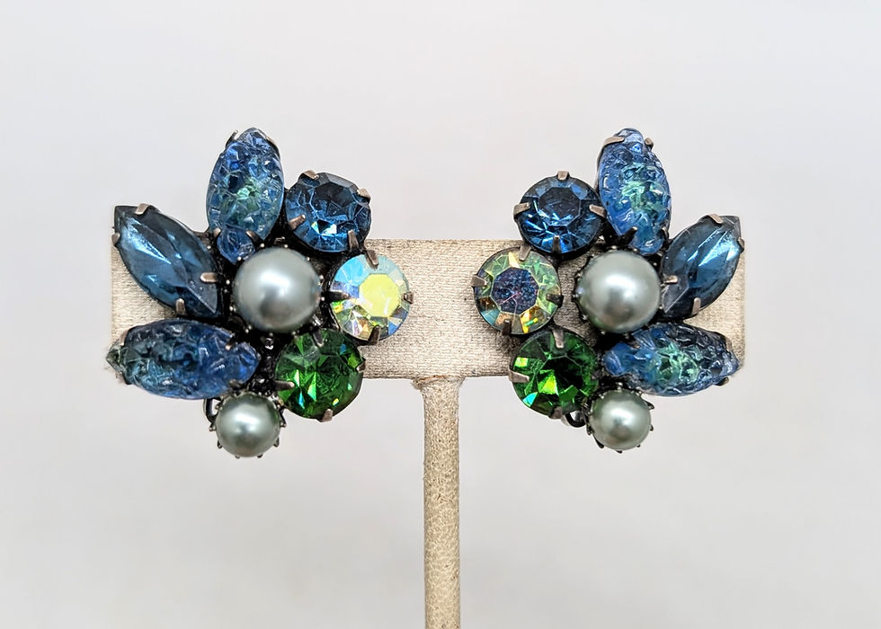 Thumbnail: Vintage Signed Kramer Blue & Green Rhinestone & Grey Faux-Pearl Clip Earrings