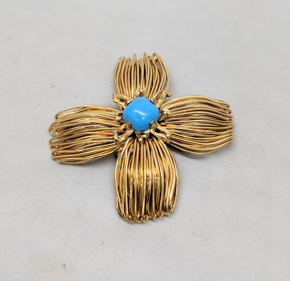 Thumbnail: Vintage 1970s Signed Castlecliff Goldtone Faux-Turquoise Brooch