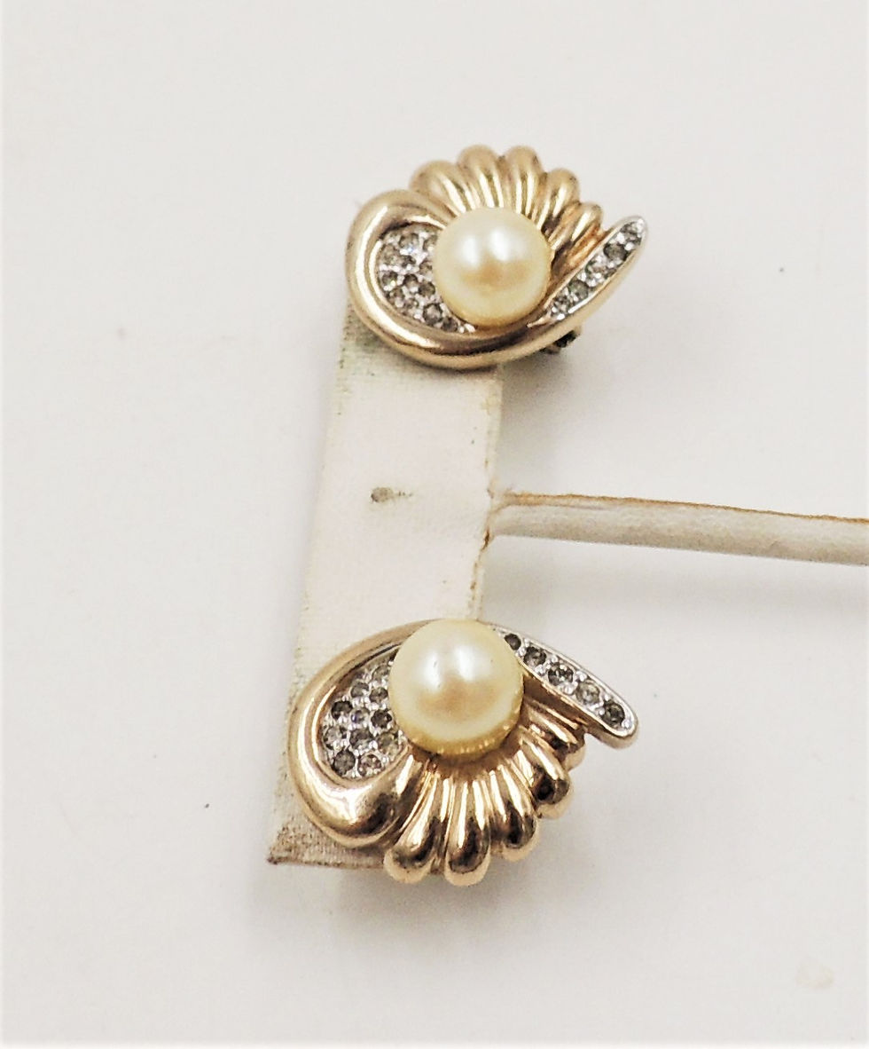 Thumbnail: 1980s Panetta Faux-Pearl & Pave Rhinestone Pierced Earrings