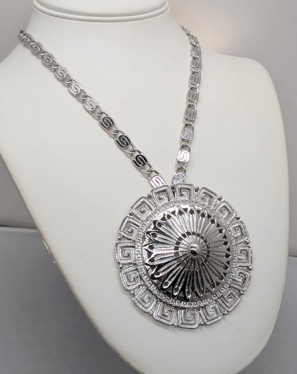 Thumbnail: Vintage 1970s Signed Monet Rhodium Plated Round Menander Pendant Necklace
