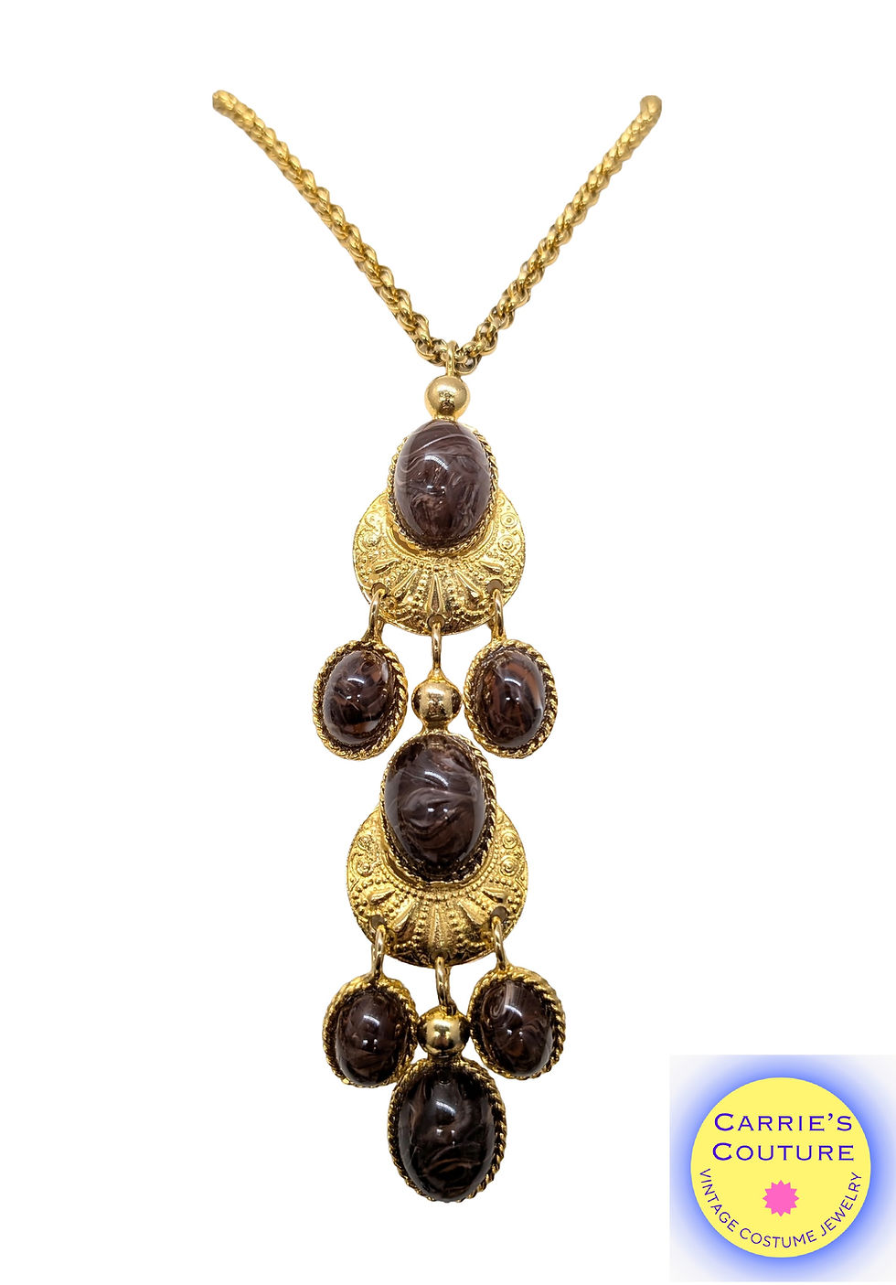 Thumbnail: Vintage Signed Les Bernard Cabochon Faux-Brown Agates Pendant Necklace