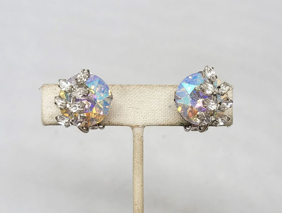 Thumbnail: Vintage Signed Hattie Carnegie Aurora Borealis Rhinestone Clip Earrings