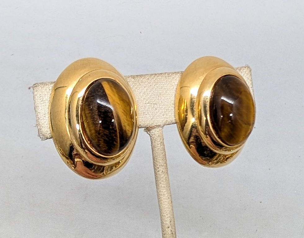 Thumbnail: Vintage Signed Alexis Kirk Oval Goldtone Faux-Tiger's Eye Clip Earrings