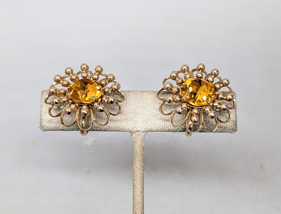 Thumbnail: Vintage 1950s Signed Napier Goldtone Faux-Citrine Flower Clip Earrings