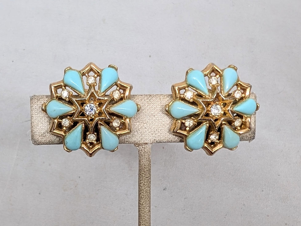 Thumbnail: Vintage 1950s Signed Trifari Faux-Turquoise & Clear Rhinestone Clip Earrings