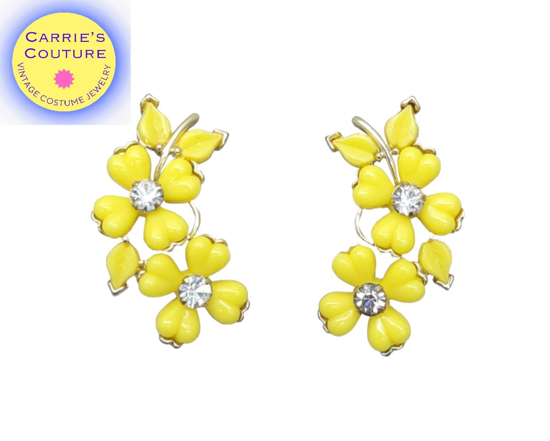 Vintage Signed Kramer Yellow Flowers Clip Earrings, 1955 Vogue Ad Piece