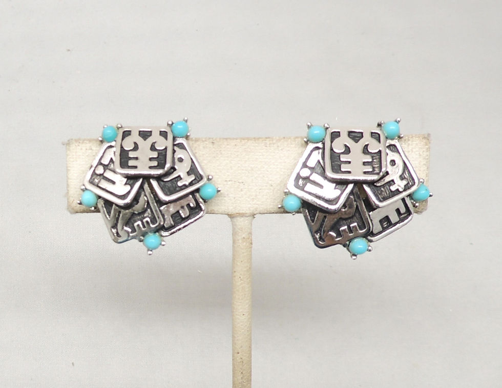 Thumbnail: Vintage Signed Boucher Asian Character Cabochon Faux-Turquoise Clip Earrings