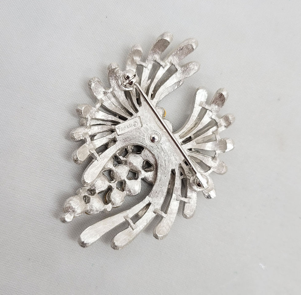Thumbnail: Vintage Signed Crown Trifari Rhodium Plated Clear Rhinestone Brooch