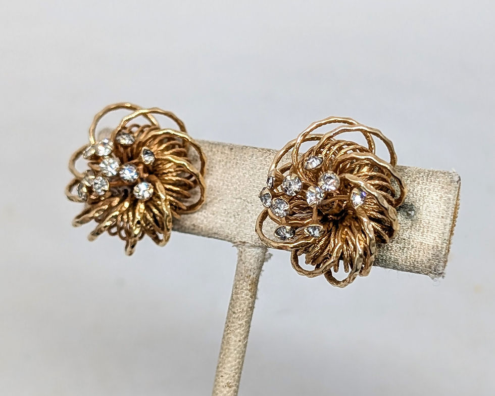 Thumbnail: Vintage 1960s Signed Castlecliff Clear Rhinestones Flower Clip Earrings