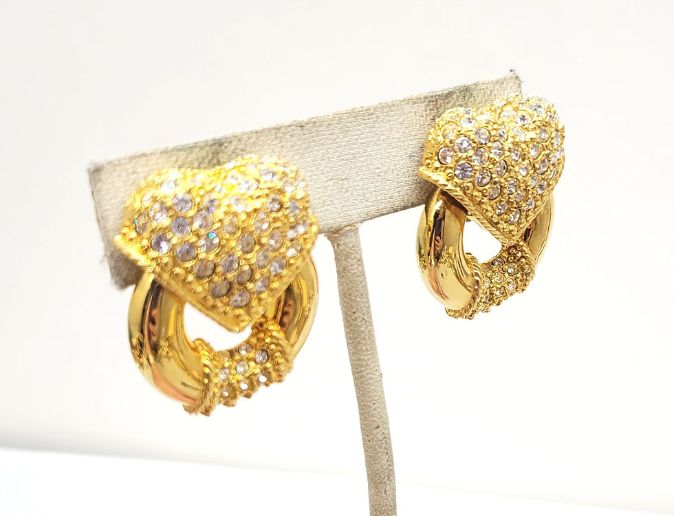 Thumbnail: Vintage Signed Escada Goldtone Rhinestone Heart Doorknocker Clip Earrings