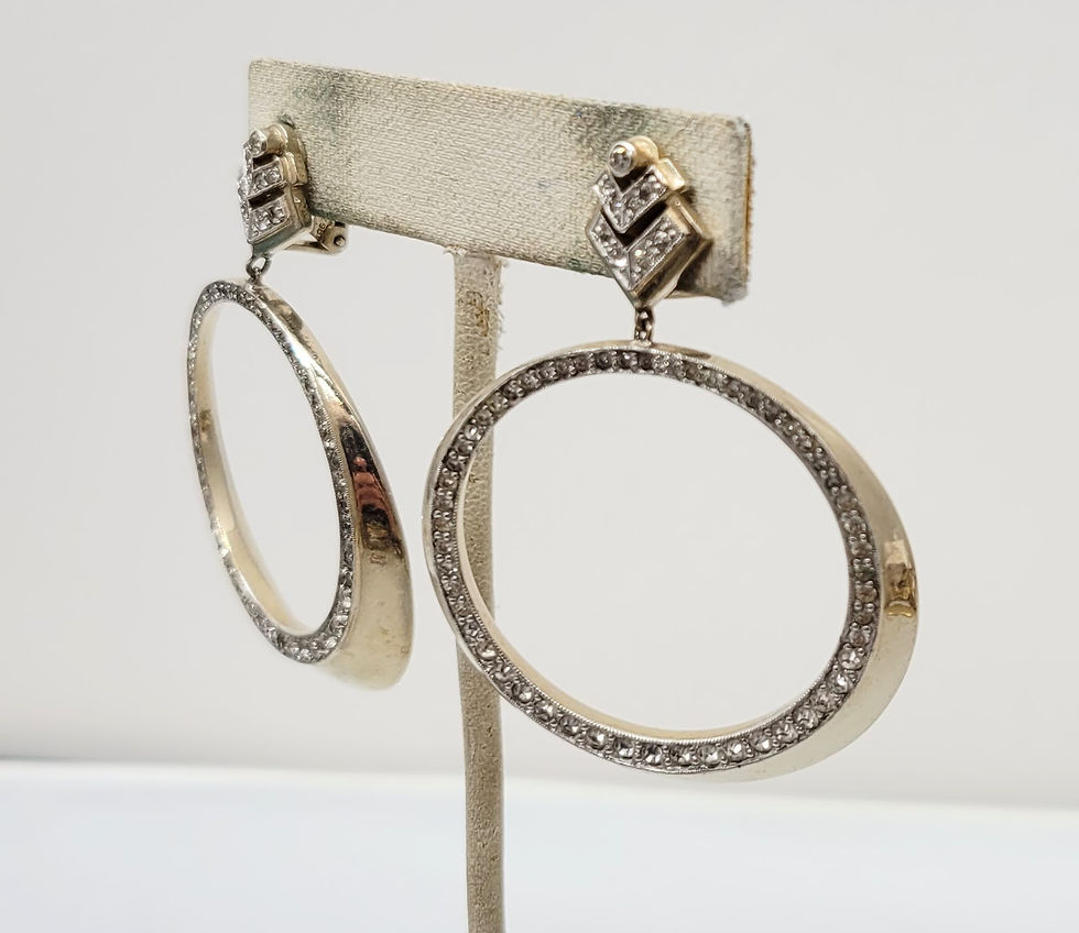 Thumbnail: Vintage Signed Jomaz Goldtone & Clear Rhinestone Hoop Clip Earrings